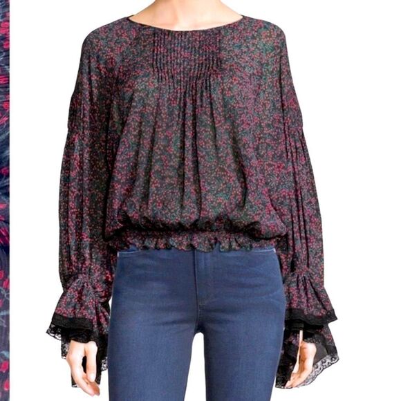 Chloe Tops - CHLOE Cherry-Print Pintuck Blouse with Bell Sleeves